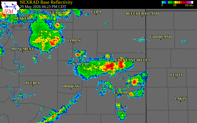 NEXRAD radar during the Friday, May 29, 2026 storm activity in Cheyenne County, Colorado