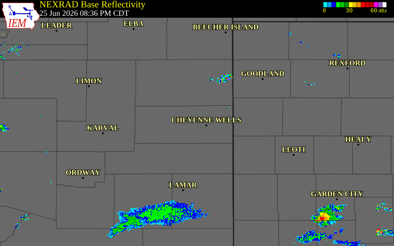 NEXRAD radar during the Thursday, June 25, 2026 storm activity in Cheyenne County, Colorado