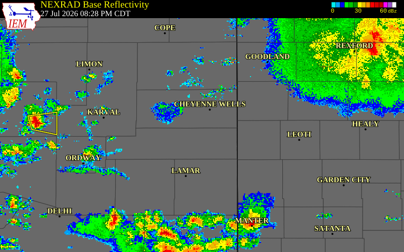 NEXRAD radar during the Monday, July 27, 2026 storm activity in Cheyenne County, Colorado