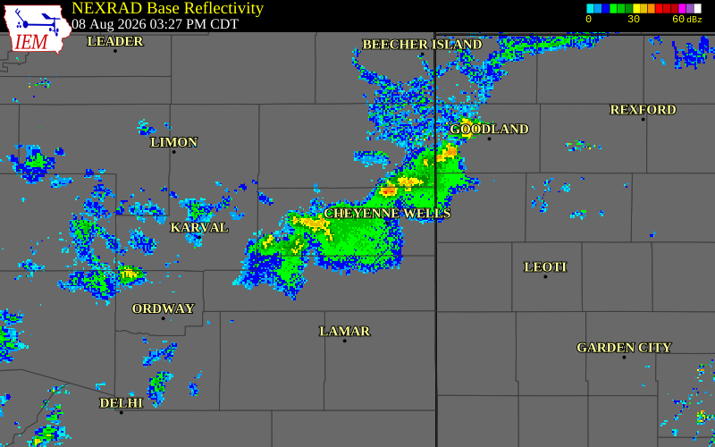 NEXRAD radar during the Saturday, August 8, 2026 storm activity in Cheyenne County, Colorado