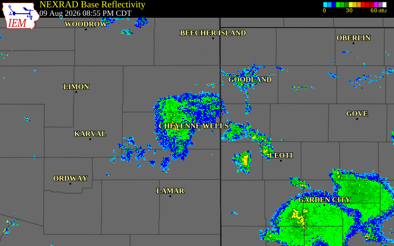 NEXRAD radar during the Sunday, August 9, 2026 storm activity in Cheyenne County, Colorado