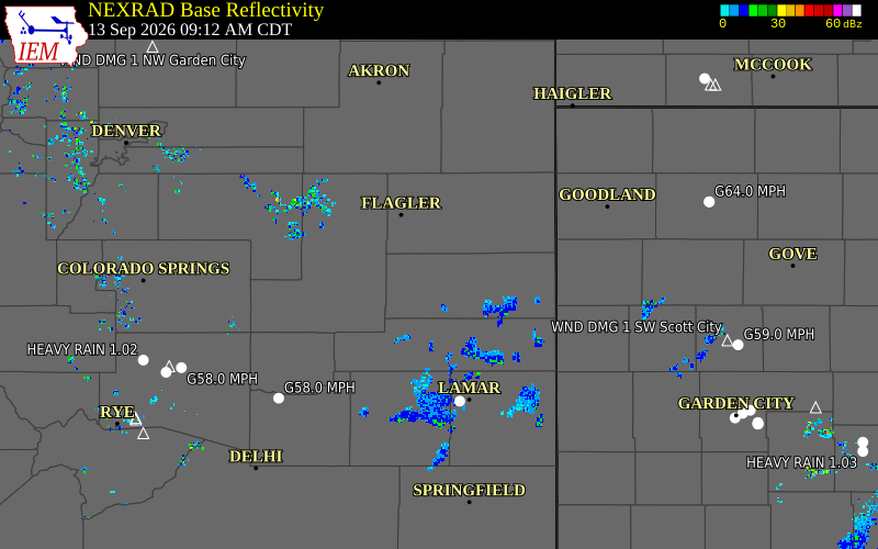 Current NEXRAD radar over Cheyenne County, Colorado with recent storm report locations