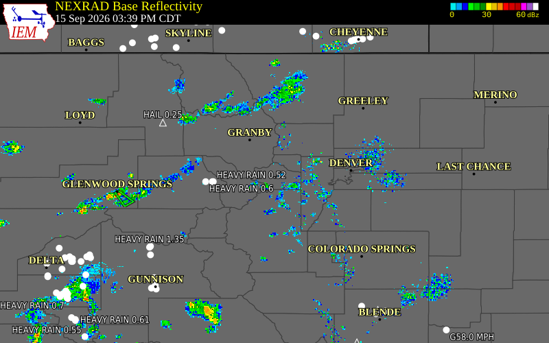 Current NEXRAD radar over Clear Creek County, Colorado with recent storm report locations