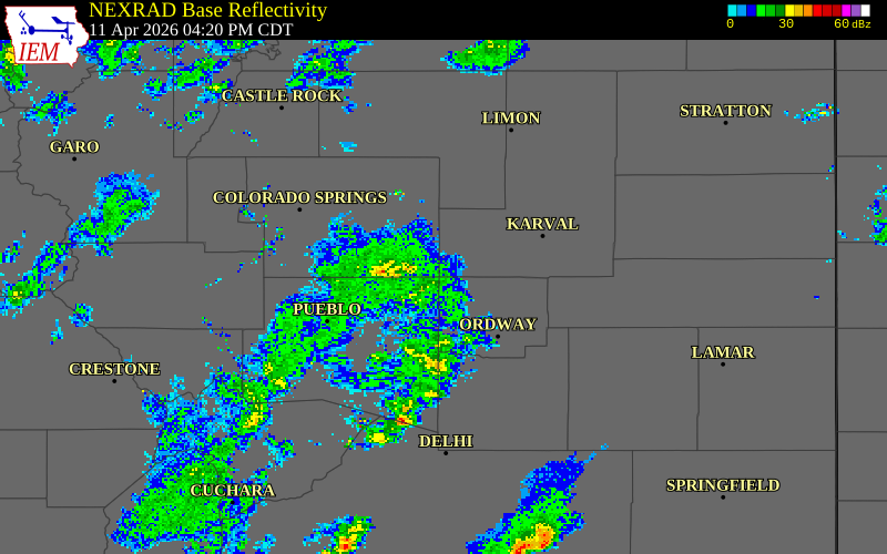 NEXRAD radar during the Saturday, April 11, 2026 storm activity in Crowley County, Colorado