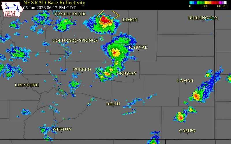 NEXRAD radar during the Friday, June 5, 2026 storm activity in Crowley County, Colorado