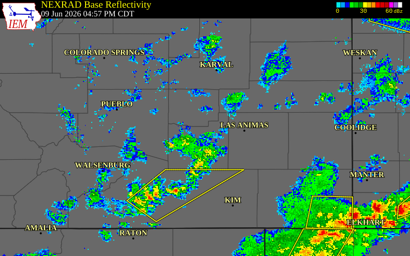 NEXRAD radar during the Tuesday, June 9, 2026 storm activity in Crowley County, Colorado