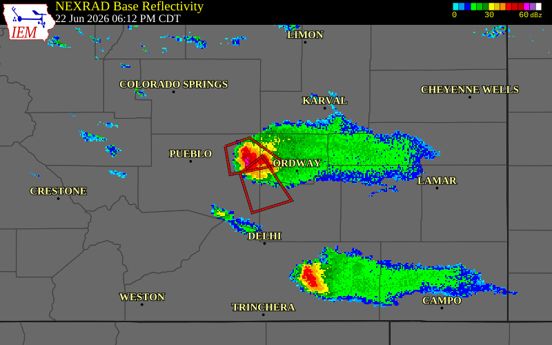 NEXRAD radar during the Monday, June 22, 2026 storm activity in Crowley County, Colorado