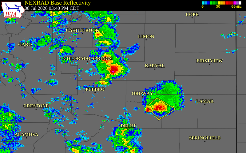 NEXRAD radar during the Wednesday, July 8, 2026 storm activity in Crowley County, Colorado