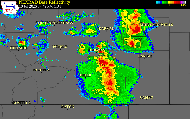 NEXRAD radar during the Friday, July 10, 2026 storm activity in Crowley County, Colorado