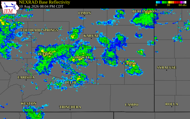 NEXRAD radar during the Monday, August 10, 2026 storm activity in Crowley County, Colorado