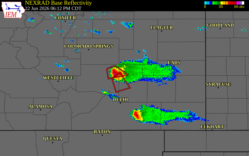 Radar snapshot during the Jun 22, 2026 hail event near 3 NNE Olney Springs, Crowley County, Colorado, with NWS warning polygons