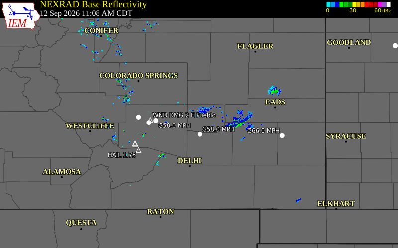 Current NEXRAD radar over Crowley County, Colorado with recent storm report locations
