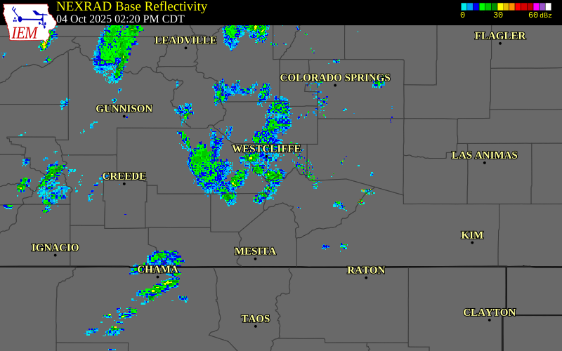 Radar snapshot during the Jun 3, 2026 hail event near 6 SSW Westcliffe, Custer County, Colorado, with NWS warning polygons