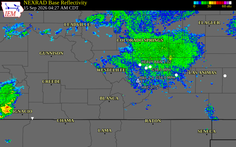 Current NEXRAD radar over Custer County, Colorado with recent storm report locations