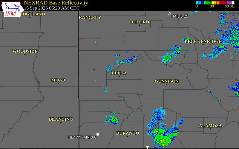 Current NEXRAD radar over Delta County, Colorado with recent storm report locations