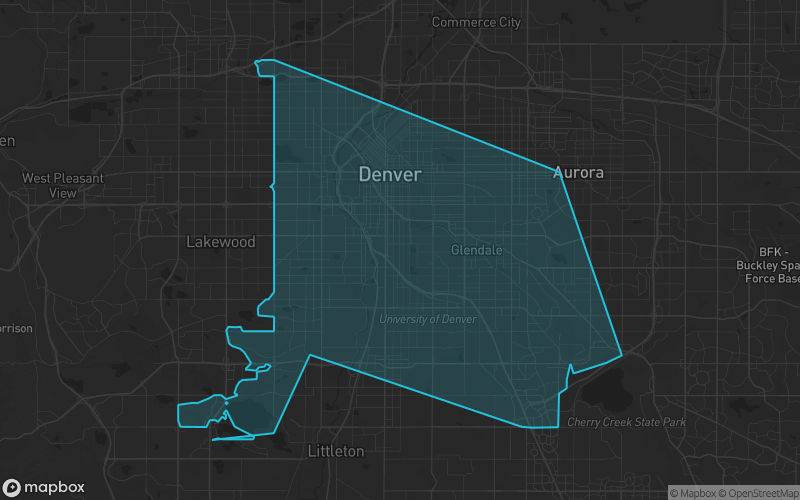 Map of Denver County, Colorado showing the county boundary and surrounding cities