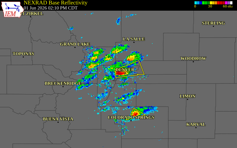 NEXRAD radar during the Monday, June 1, 2026 storm activity in Denver County, Colorado