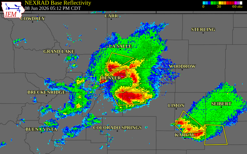 NEXRAD radar during the Monday, June 8, 2026 storm activity in Denver County, Colorado