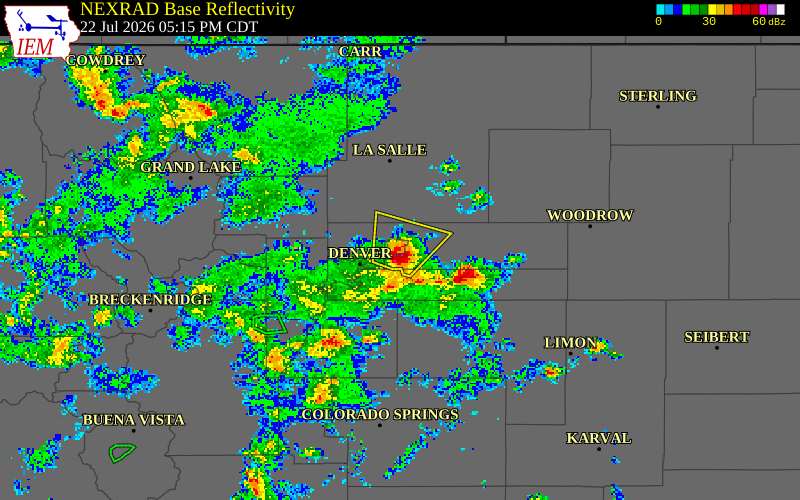 NEXRAD radar during the Wednesday, July 22, 2026 storm activity in Denver County, Colorado