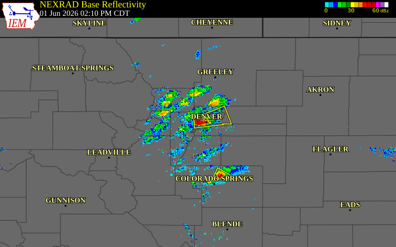 Radar snapshot during the Jun 1, 2026 hail event near 1 NW Denver, Denver County, Colorado, with NWS warning polygons