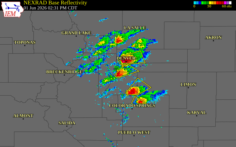 NEXRAD radar during the Monday, June 1, 2026 storm activity in Douglas County, Colorado