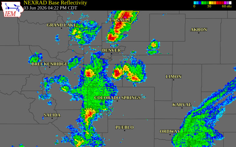 NEXRAD radar during the Wednesday, June 3, 2026 storm activity in Douglas County, Colorado