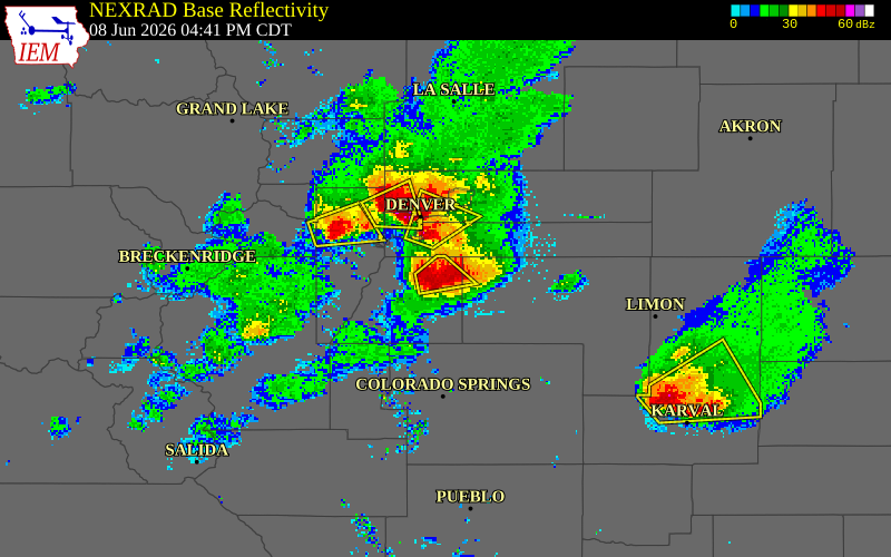 NEXRAD radar during the Monday, June 8, 2026 storm activity in Douglas County, Colorado