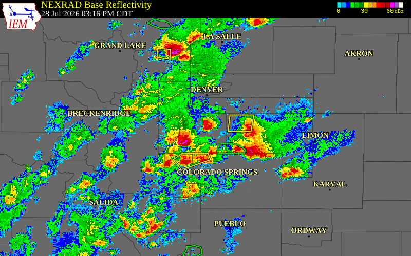 NEXRAD radar during the Tuesday, July 28, 2026 storm activity in Douglas County, Colorado