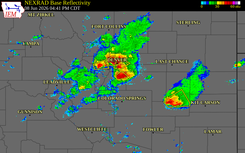 Radar snapshot during the Jun 8, 2026 hail event near 1 W The Pinery, Douglas County, Colorado, with NWS warning polygons