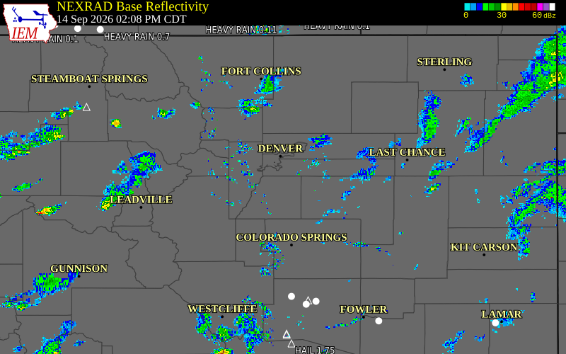 Current NEXRAD radar over Douglas County, Colorado with recent storm report locations