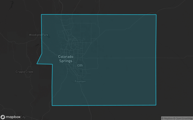 Map of El Paso County, Colorado showing the county boundary and surrounding cities