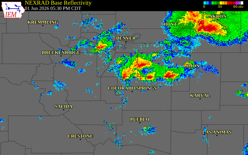 NEXRAD radar during the Monday, June 1, 2026 storm activity in El Paso County, Colorado