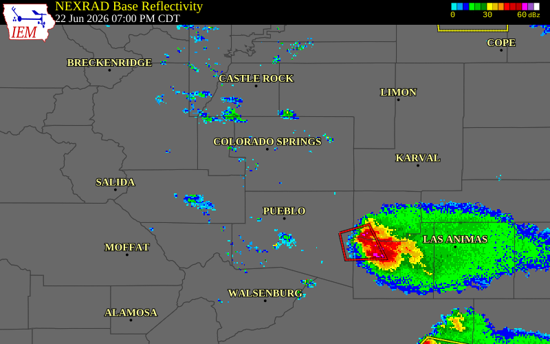 NEXRAD radar during the Monday, June 22, 2026 storm activity in El Paso County, Colorado