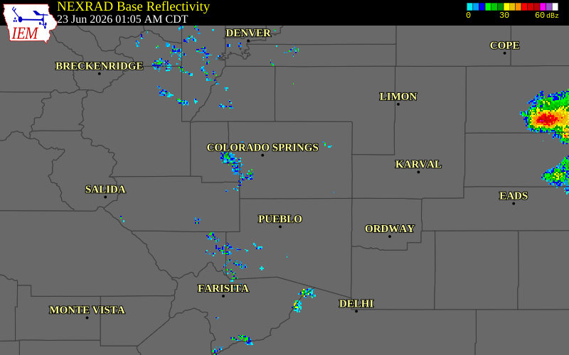 NEXRAD radar during the Tuesday, June 23, 2026 storm activity in El Paso County, Colorado