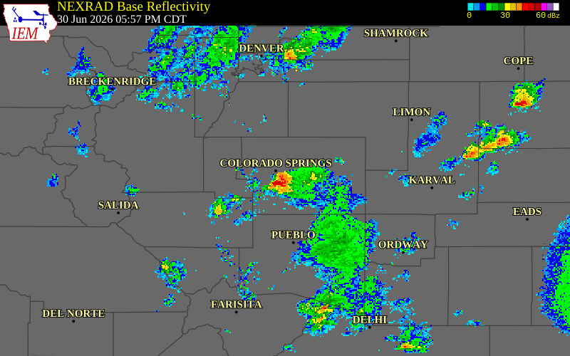 NEXRAD radar during the Tuesday, June 30, 2026 storm activity in El Paso County, Colorado