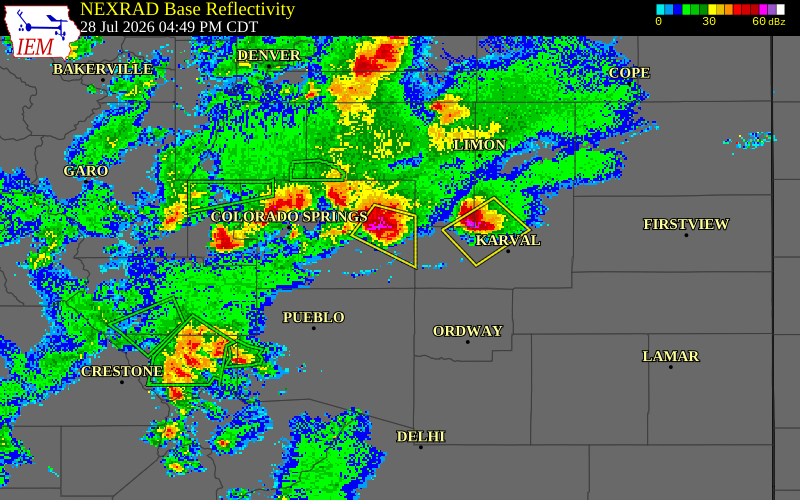 NEXRAD radar during the Tuesday, July 28, 2026 storm activity in El Paso County, Colorado