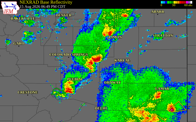 NEXRAD radar during the Saturday, August 15, 2026 storm activity in El Paso County, Colorado