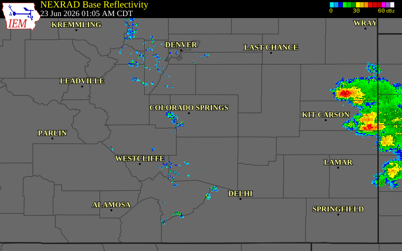 Radar snapshot during the Jun 23, 2026 hail event near 7 E Fountain, El Paso County, Colorado, with NWS warning polygons