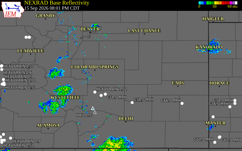 Current NEXRAD radar over El Paso County, Colorado with recent storm report locations