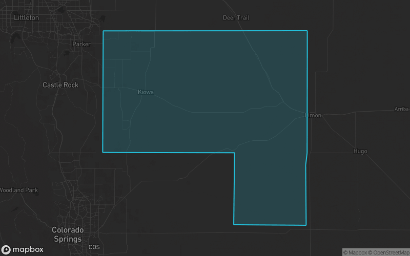 Map of Elbert County, Colorado showing the county boundary and surrounding cities