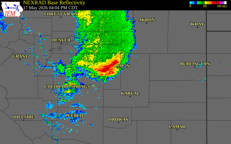 NEXRAD radar during the Sunday, May 17, 2026 storm activity in Elbert County, Colorado