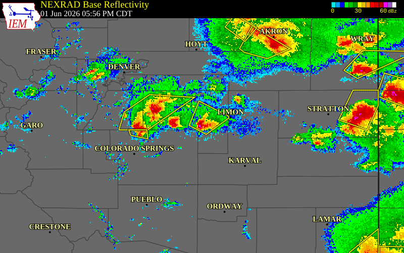 NEXRAD radar during the Monday, June 1, 2026 storm activity in Elbert County, Colorado