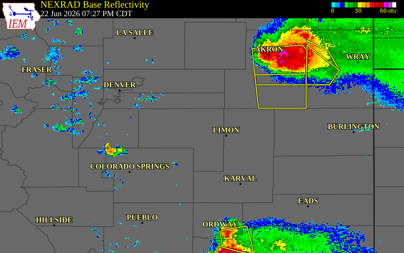NEXRAD radar during the Monday, June 22, 2026 storm activity in Elbert County, Colorado