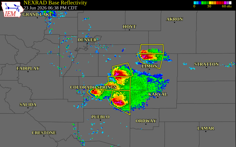 NEXRAD radar during the Tuesday, June 23, 2026 storm activity in Elbert County, Colorado