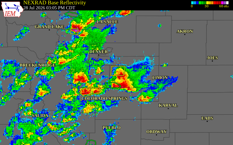 NEXRAD radar during the Tuesday, July 28, 2026 storm activity in Elbert County, Colorado