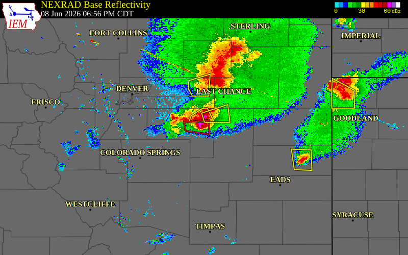 Radar snapshot during the Jun 8, 2026 hail event near 4 SSW Cedar Point, Elbert County, Colorado, with NWS warning polygons