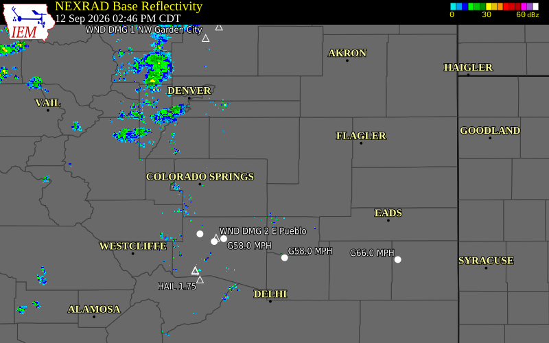 Current NEXRAD radar over Elbert County, Colorado with recent storm report locations
