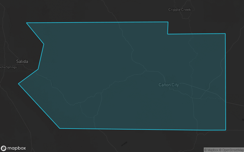 Map of Fremont County, Colorado showing the county boundary and surrounding cities