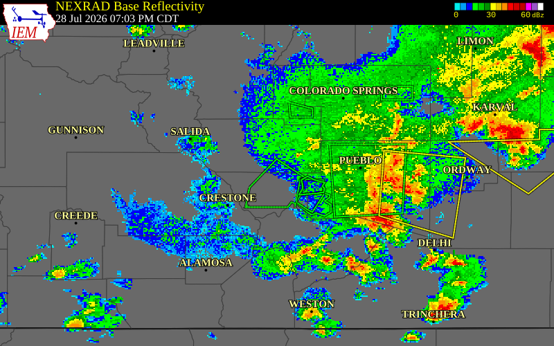 NEXRAD radar during the Tuesday, July 28, 2026 storm activity in Fremont County, Colorado