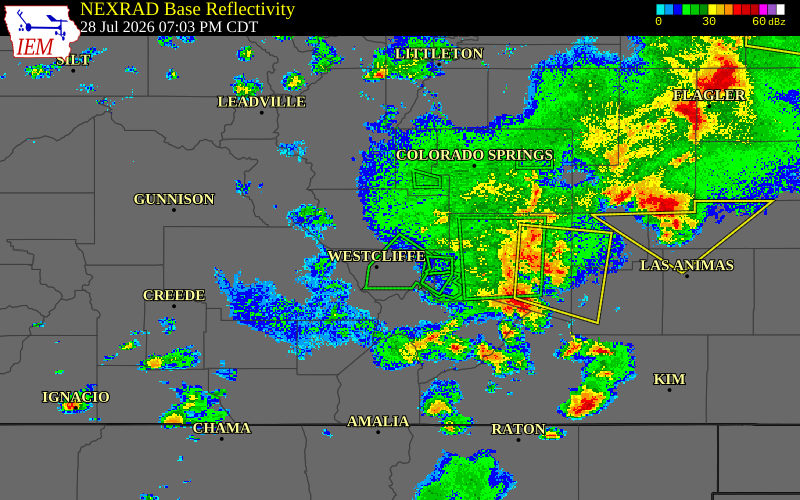 Radar snapshot during the Jul 28, 2026 hail event near 11 N Rosita, Fremont County, Colorado, with NWS warning polygons